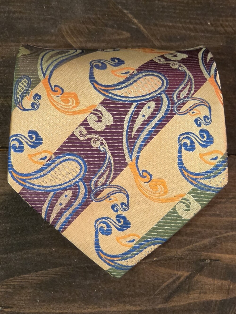 Kai Long Mens Silk Tie Paisley Striped Handmade Orange Gold Purple Blue 59x3.75